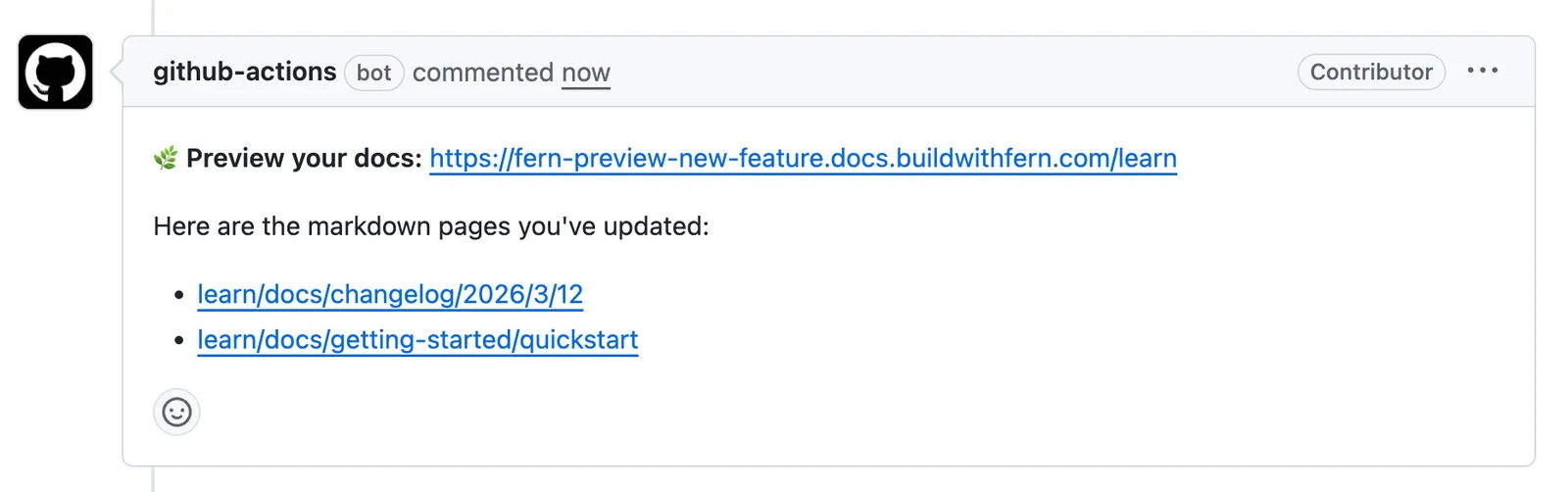 GitHub Actions bot comment on a pull request showing a named preview URL and direct links to changed documentation pages