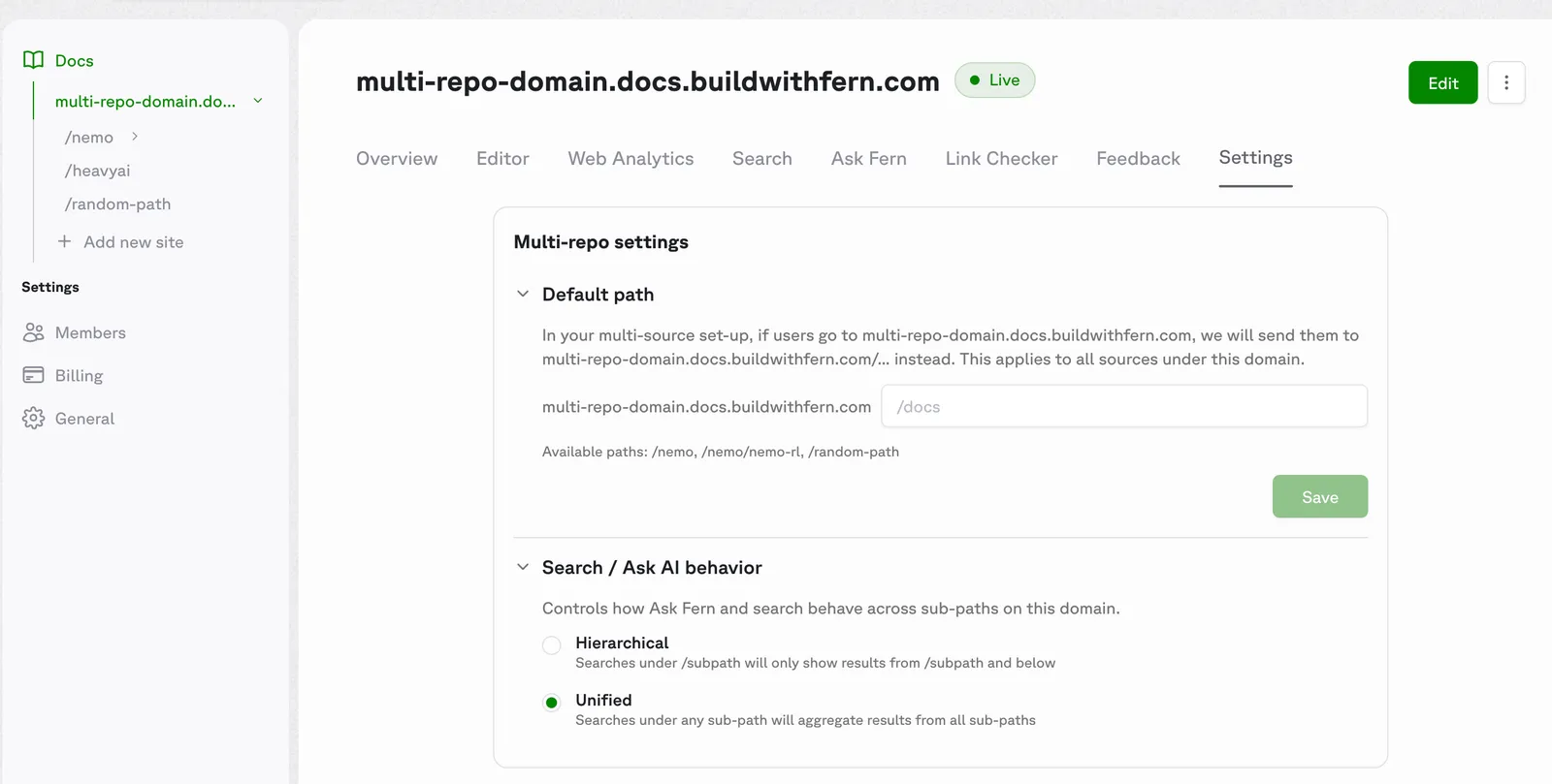 Multi-source settings in the Fern Dashboard