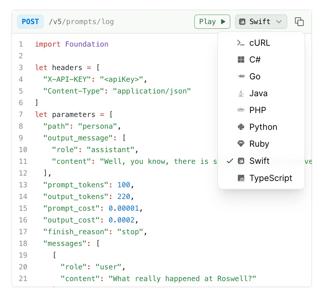 HTTP code snippet selector