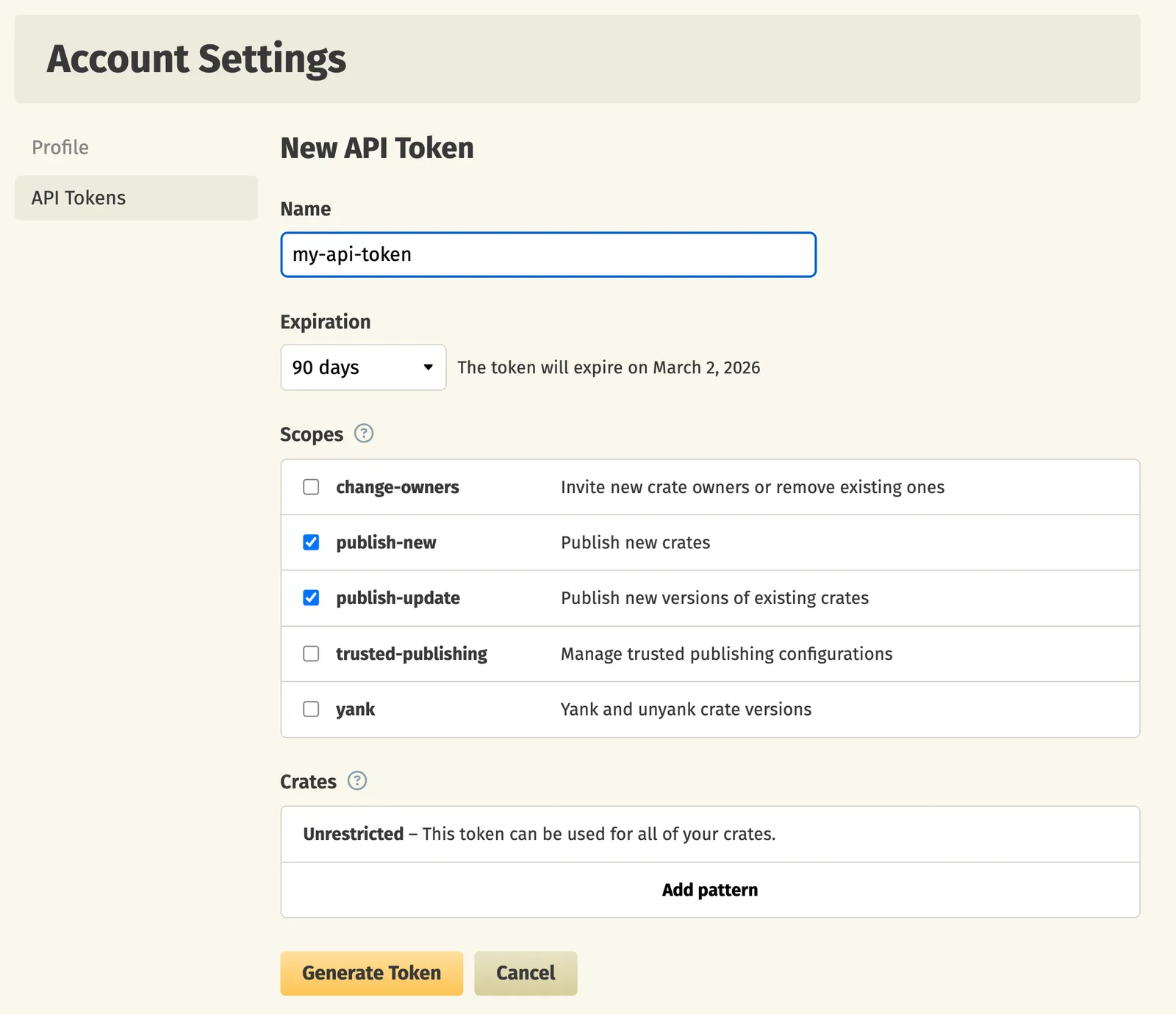 Create a new API token on crates.io