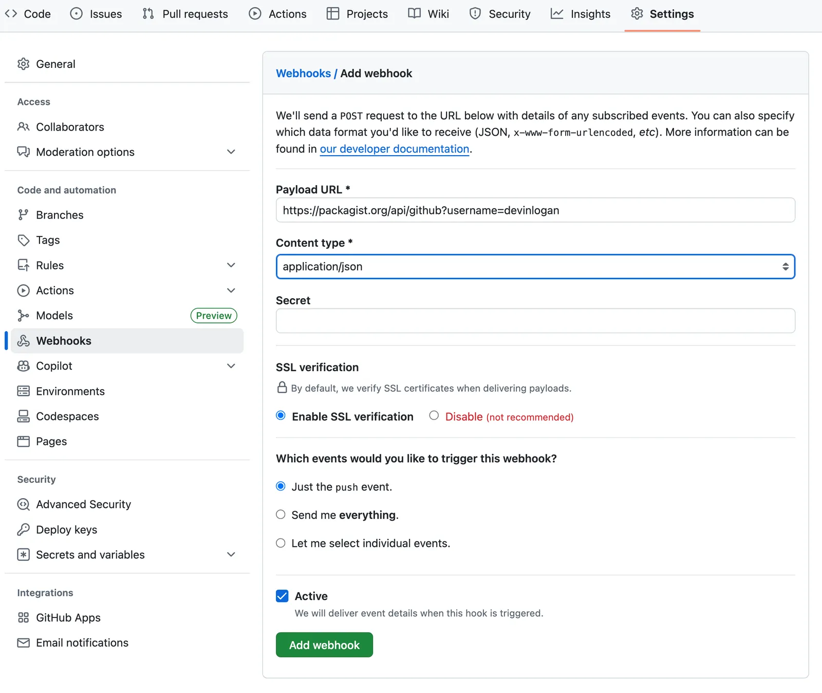 GitHub Webhook for Packagist